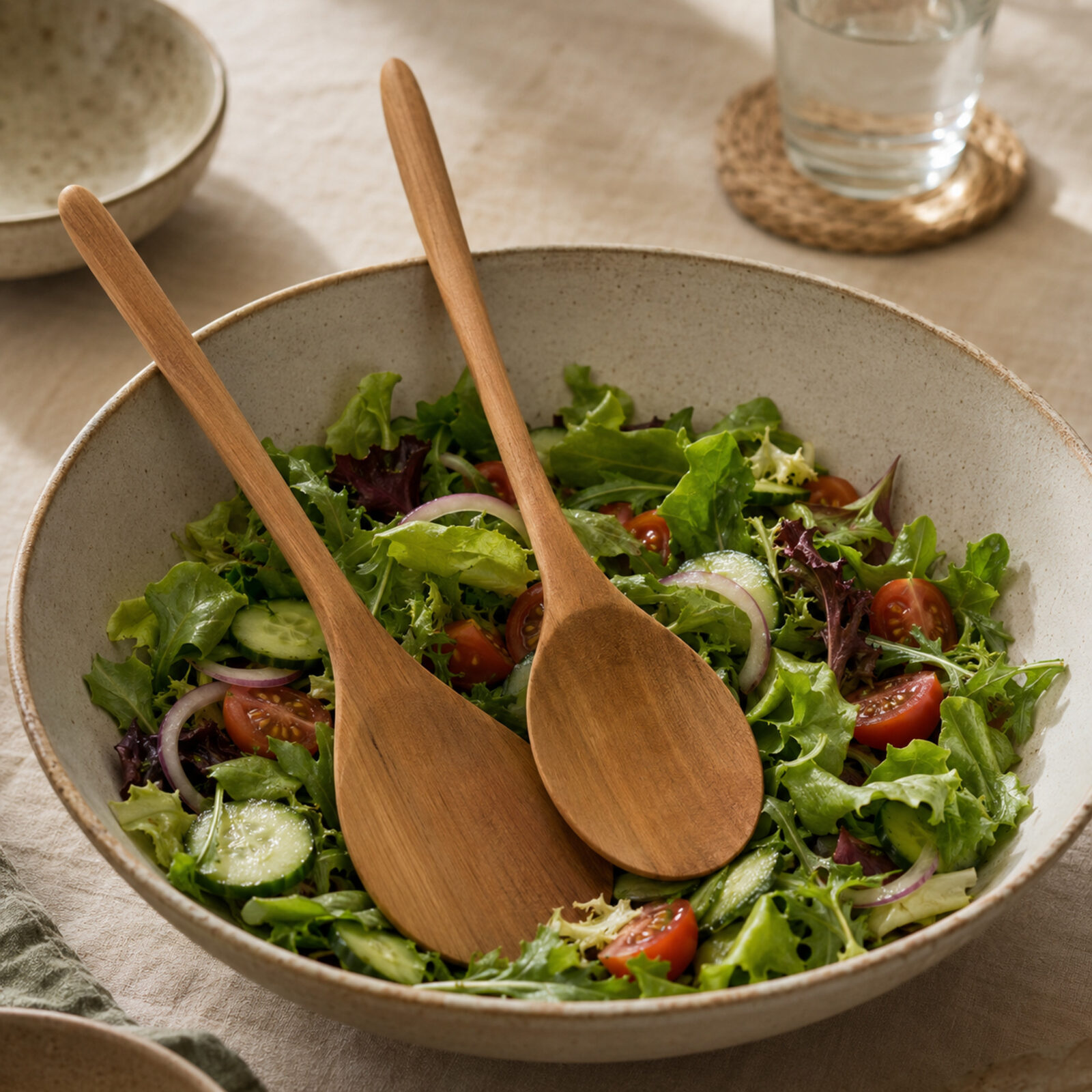 Handgefertigtes Kirschholz-Salatbesteck in einer Schale mit gemischtem Salat