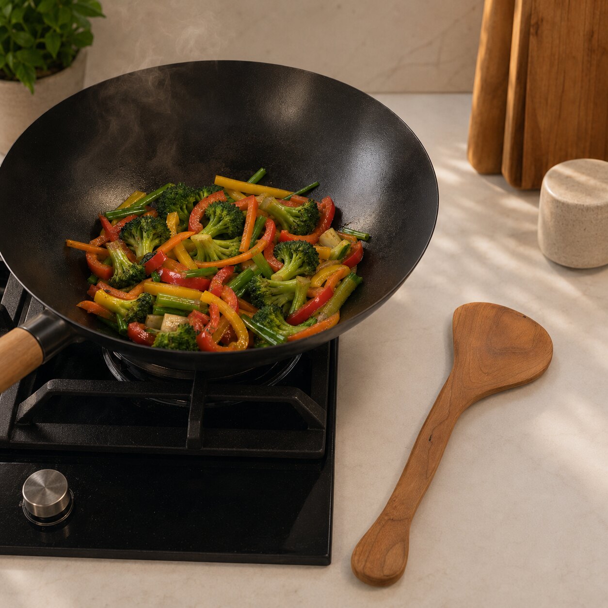 Handgefertigter Wokwender aus Kirschholz neben einem Wok mit Gemüse
